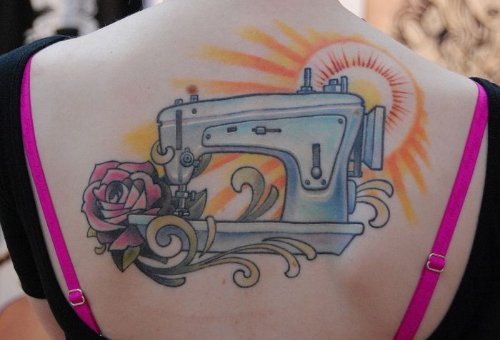 Sewing Machine Optical Illusion Tattoo On Back
